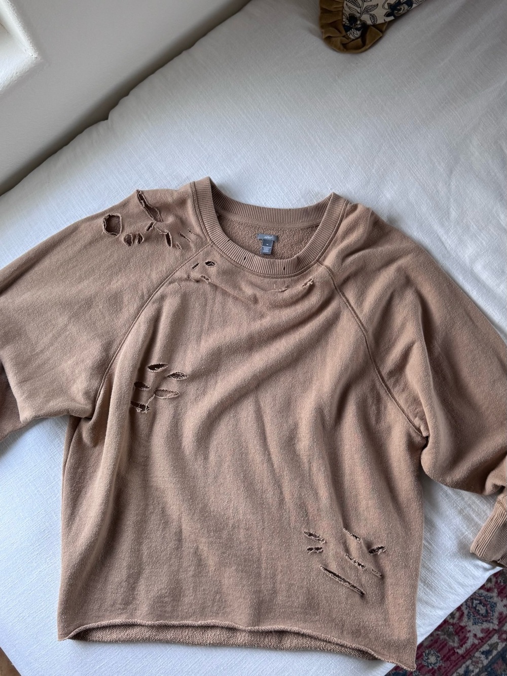 aerie Distressed Crewneck Sweater in Light Brown